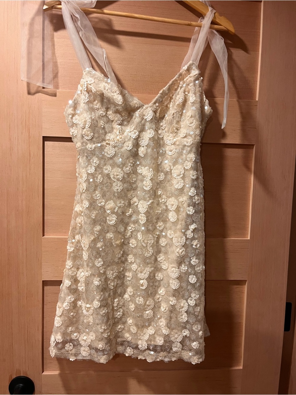 Francesca's Collections Ivory Floral Sequin Tie-Shoulder Mini Dress